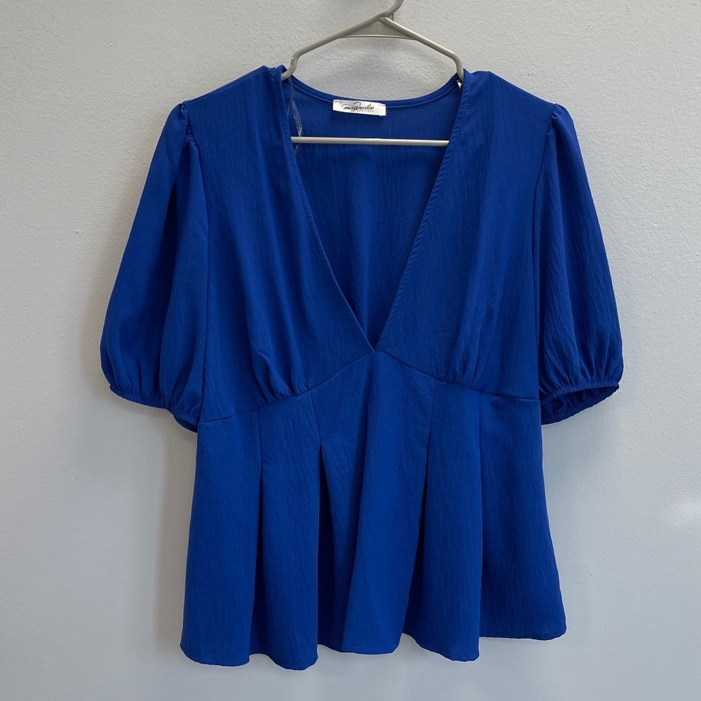 Magnolia Plunge Neck Royal Blue Peplum Blouse - Size Large